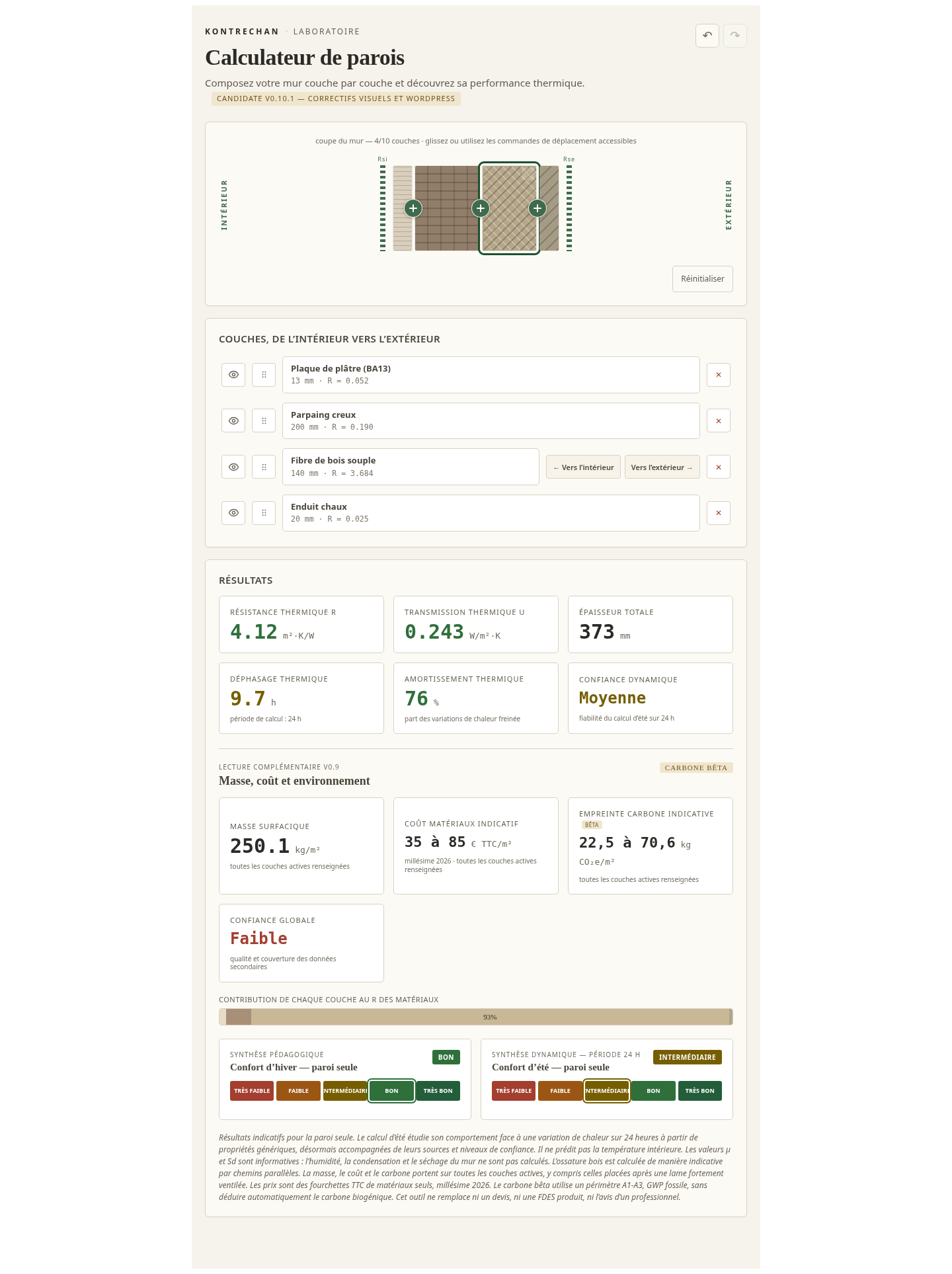 Aperçu de l’interface du Calculateur de parois Kontrechan