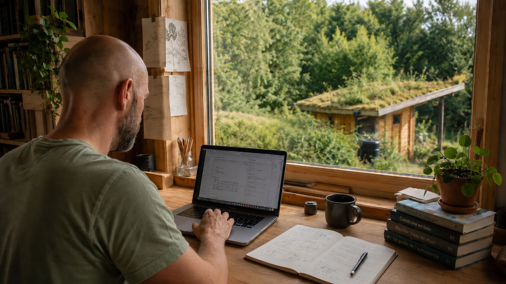 Damien travaillant sur Kontrechan depuis un atelier en bois ouvert sur la nature